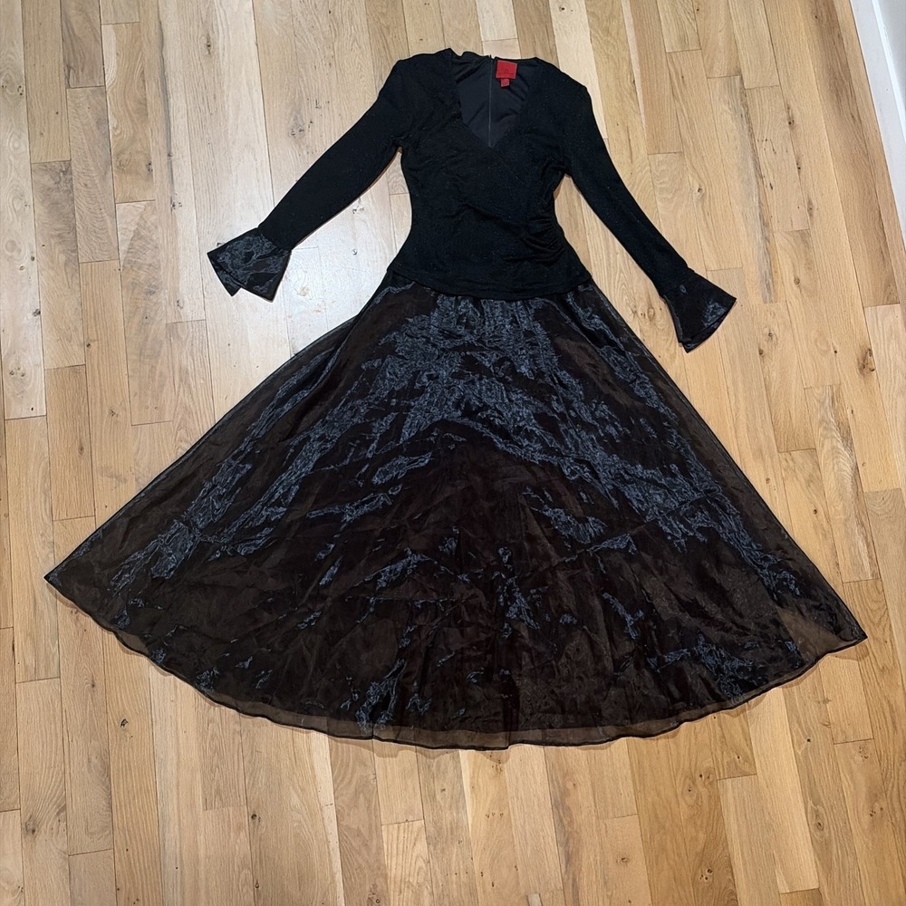 Vtg 90s Y2K Long sleeve Whimsygoth Witchy Maxi Dress Black Shimmer Sz 10